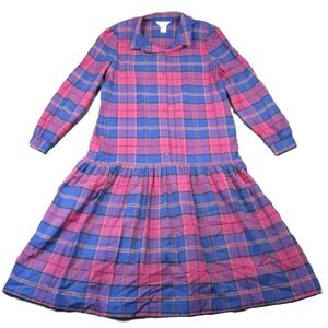 Vtg 80s Midi Shirt Dress 18 Pink Blue Plaid Drop Waist Preppy Cottage USA Made